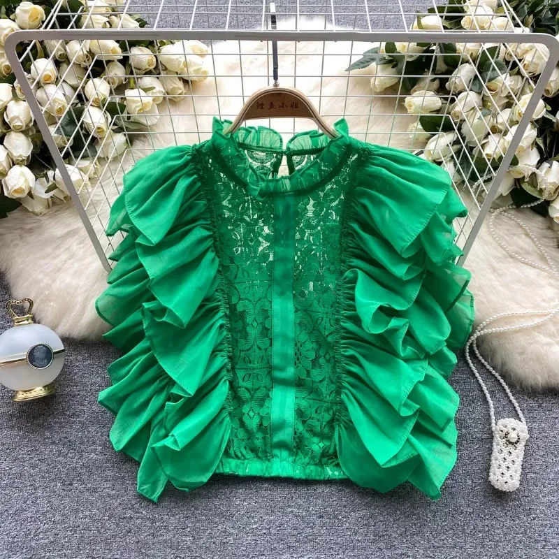 Summer Clothing In French - Винтажная элегантная кружевная блузка с рукавами-лепестками,